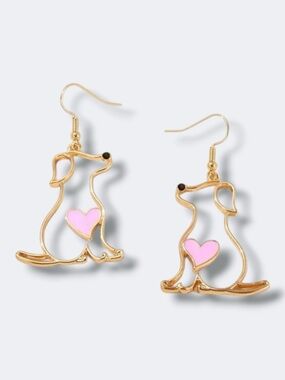 Dog Earrings Women Gold Tone Dangle Drop Pink Heart Pet Lover Gift Jewelry
